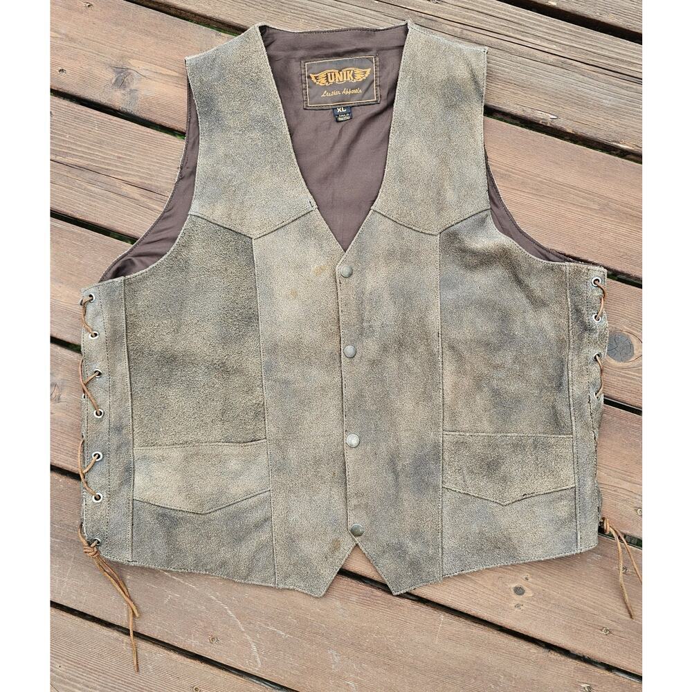 Vintage Unik Leather Apparel Tan Brown Distressed Western Biker Vest Men's XL